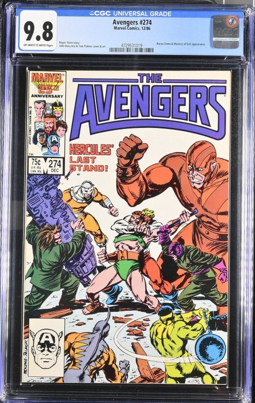 Avengers #274 (Marvel Comics, 1986), CGC 9.8 graded comic book, Universal Blue label — front cover in its holder