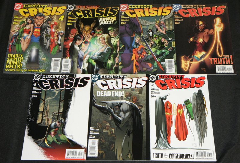 Modern DC Identity Crisis 7pc High Grade Comic Lot #1-7 Batman Superman Meltzer, raw, ungraded comic book — front cover