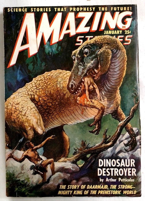 Amazing Stories Jan 1949 - J Allen St John Cover Caveman Bleeds While Being Eat (St. John Publications, 1949), raw, ungraded comic book — front cover