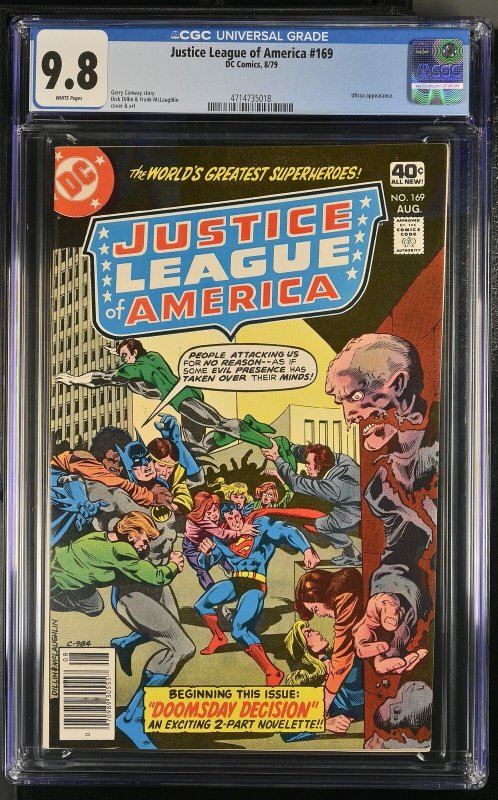 Justice League of America #169 (DC Comics, 1979), CGC 9.8 graded comic book, Universal Blue label — front cover in its holder