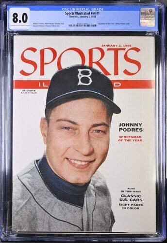 Sports Illustrated Jan #2 (1956), CGC 8.0 graded comic book, Universal Blue label — front cover in its holder