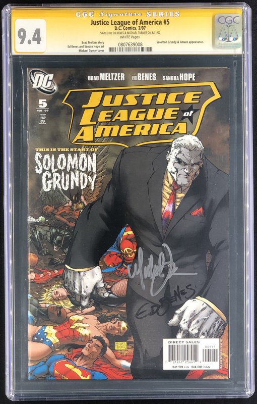 Justice League of America #5 (DC Comics), CGC 9.4 graded comic book, Signature Series label — front cover in its holder