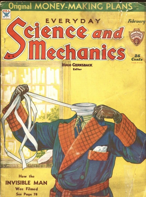 Science and Mechanics-1934 Feb--Invisible Man Cover & Film Story--Gernsback, raw, ungraded comic book — front cover