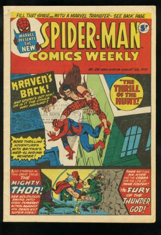 Spider-Man Comics Weekly #28 (Marvel Comics), raw comic book in FN condition — front cover