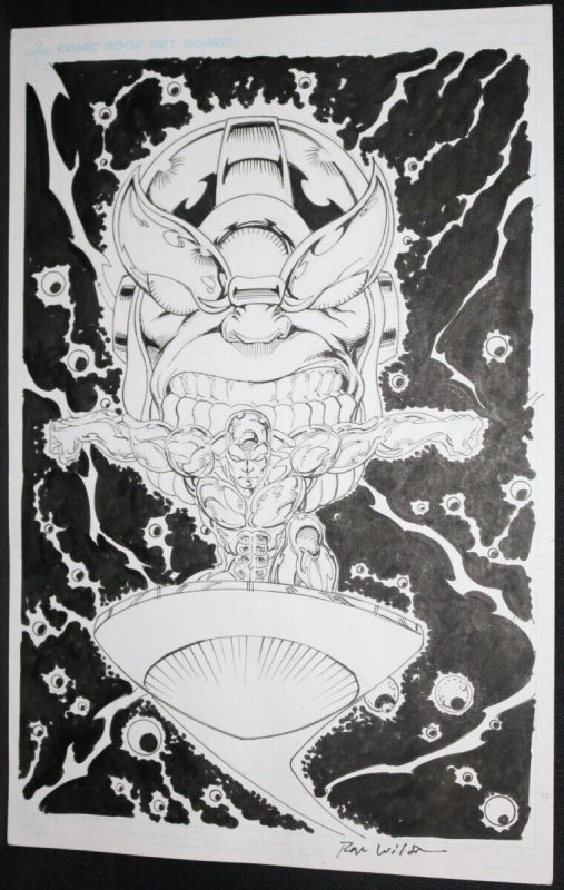 Silver Surfer and Thanos Commission - Signed art by Ron Wilson, raw, ungraded comic book — front cover