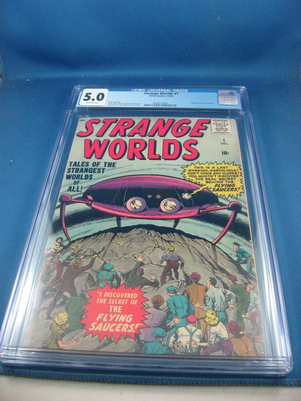 Strange Worlds #1 (Marvel Comics, 1958), CGC 5.0 graded comic book, Universal Blue label — front cover in its holder