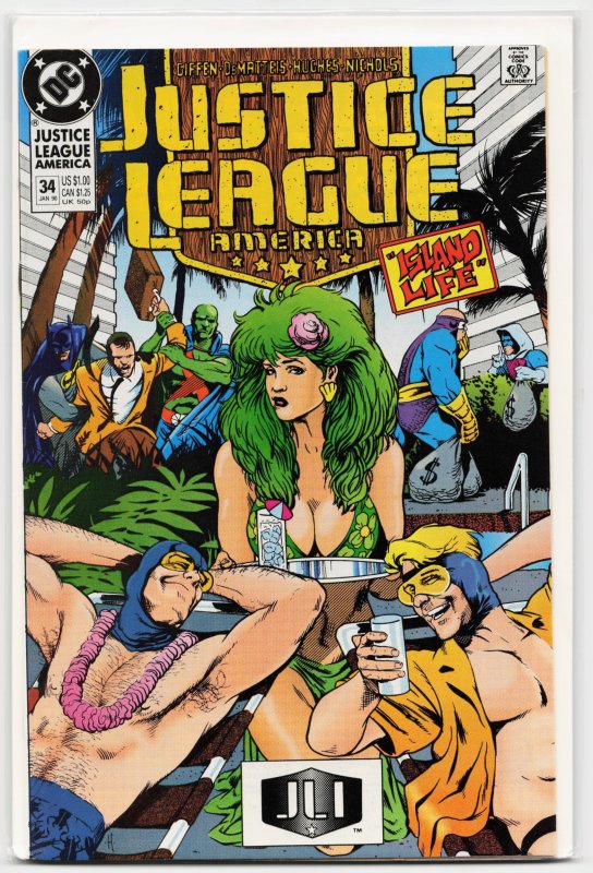 Justice League America #34 (DC Comics, 1990), raw, ungraded comic book — front cover