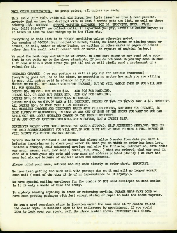 Stan's Magazine Exchange Mail Order Price List 1969- Historic Comic Fandom VG (1969), raw comic book in VG condition — front cover