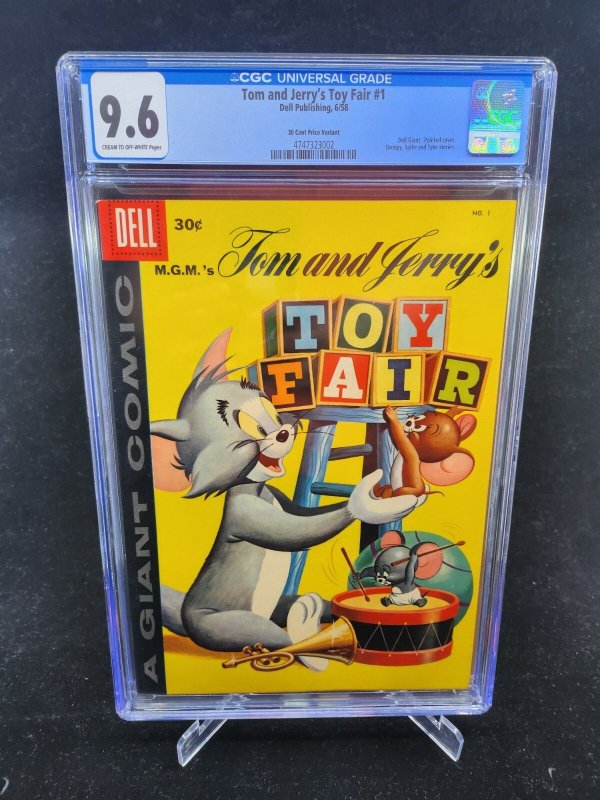 Tom & Jerry's Toy Fair #1 (1958), CGC 9.6 graded comic book, Universal Blue label — front cover in its holder