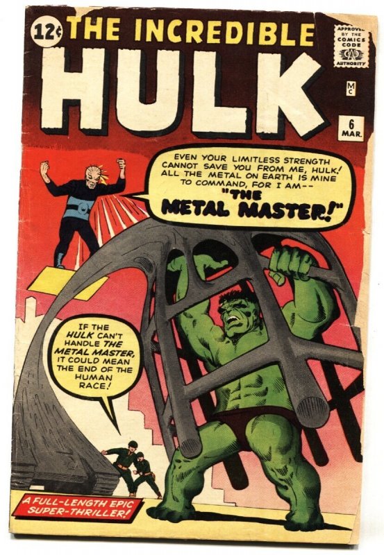 Incredible Hulk #6 - 1962 - Marvel - G+ - Comic Book (Marvel Comics, 1962), raw, ungraded comic book — front cover