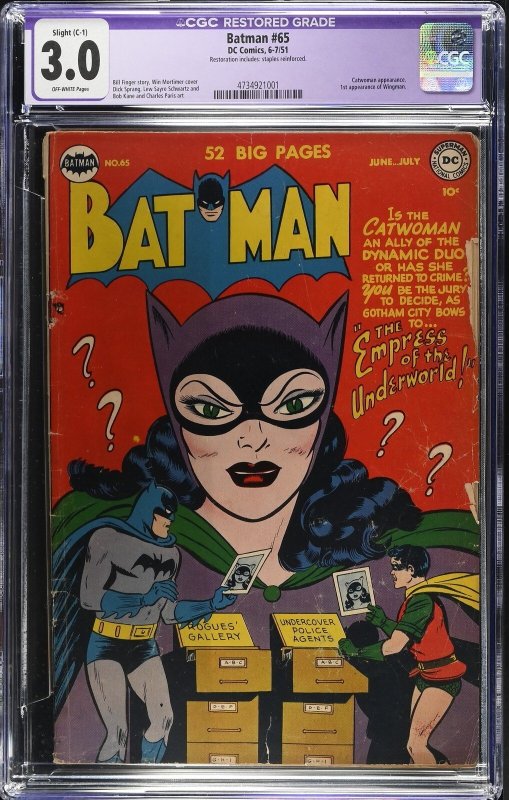 Batman #65 (DC Comics, 1951), CGC 3.0 graded comic book, Restored label — front cover in its holder