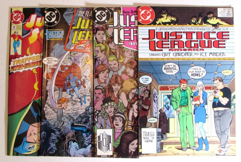 Justice League Lot of 4 #America 28, 29, Europe 7, Society 4 DC (1989) Comics (DC Comics, 1989), raw, ungraded comic book — front cover