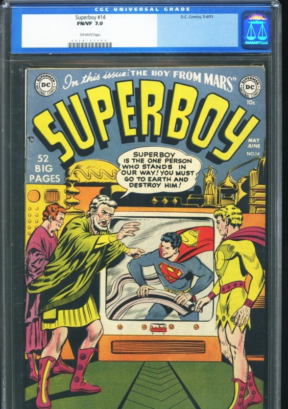 Superboy #14 (DC Comics), CGC 7.0 graded comic book, Universal Blue label — front cover in its holder