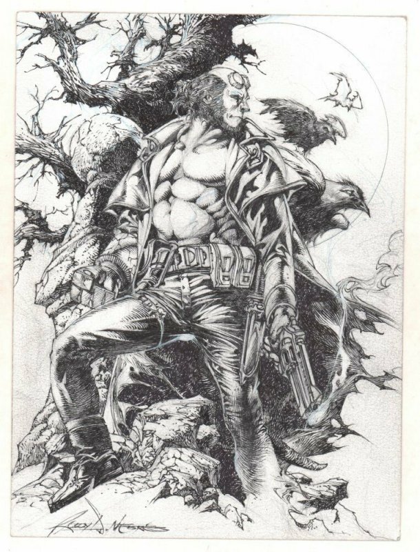 Hellboy with Ravens and Tree Commission - Signed art by Ruby Nebres, raw, ungraded comic book — front cover