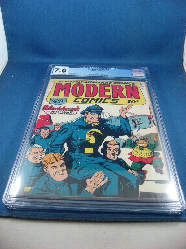 Modern Comics #54 (1946), CGC 7.0 graded comic book, Universal Blue label — front cover in its holder