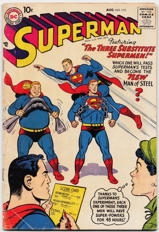 Superman #115 (DC Comics, 1957), raw, ungraded comic book — front cover