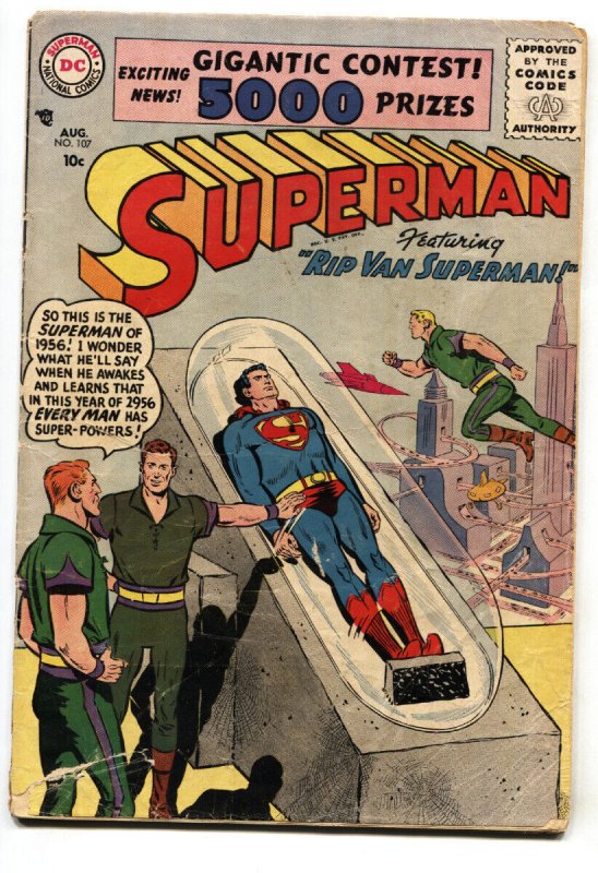 Superman #107 (DC Comics, 1956), raw comic book in VG- condition — front cover