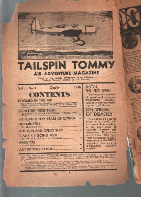 Tailspin Tommy Air Adventure Magazine #1, raw comic book in FR condition — front cover