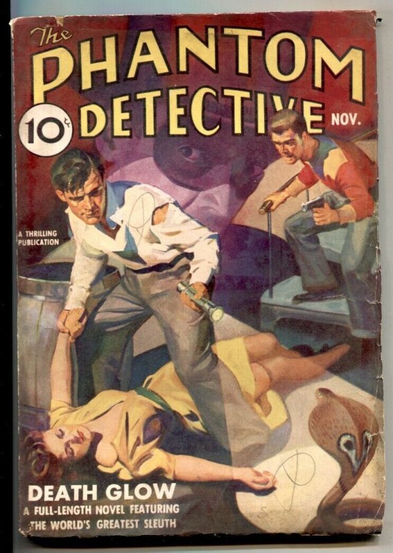 Phantom Detective Pulp November 1938- Cobra Attack Cover- Death Glow (1938), raw, ungraded comic book — front cover