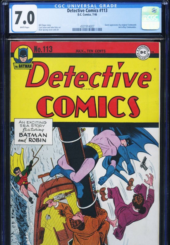 Detective Comics #113 (DC Comics), CGC 7.0 graded comic book, Universal Blue label — front cover in its holder