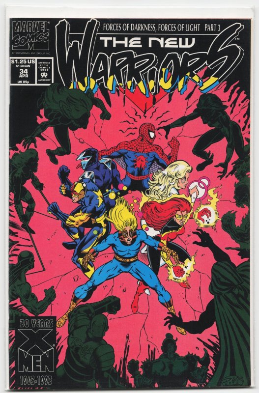 The New Warriors #34 (Marvel Comics, 1993), raw, ungraded comic book — front cover