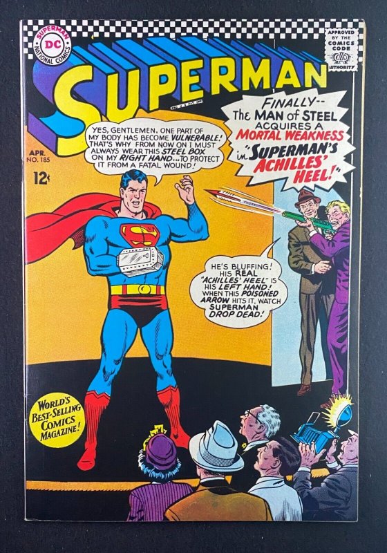 Superman #185 (DC Comics, 1939), raw comic book in VF 8.0 condition — front cover
