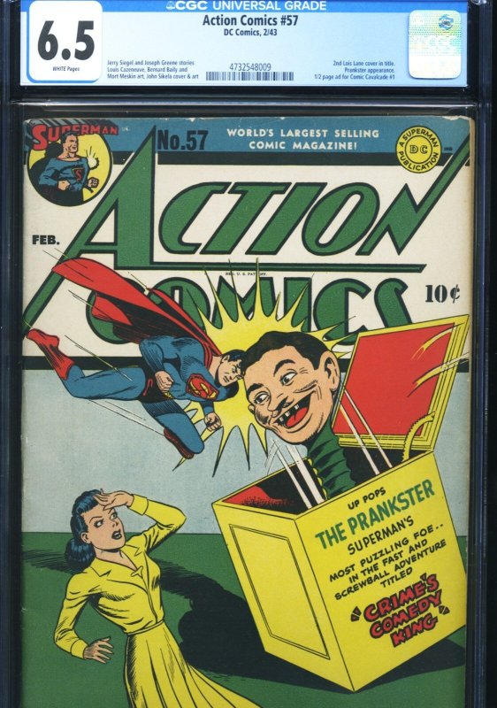 Action Comics #57 (DC Comics, 1943), CGC 6.5 graded comic book, Universal Blue label — front cover in its holder