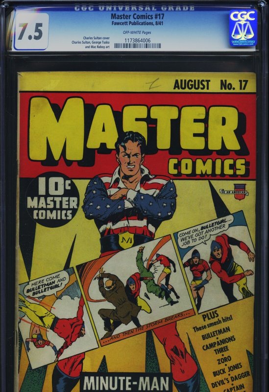 Master Comics #17, CGC 7.5 graded comic book, Universal Blue label — front cover in its holder
