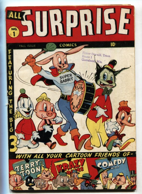 ALL Surprise #1- 1943-Super Rabbit-Ziggy PIG-Timely Comic Book (Timely Comics, 1943), raw, ungraded comic book — front cover