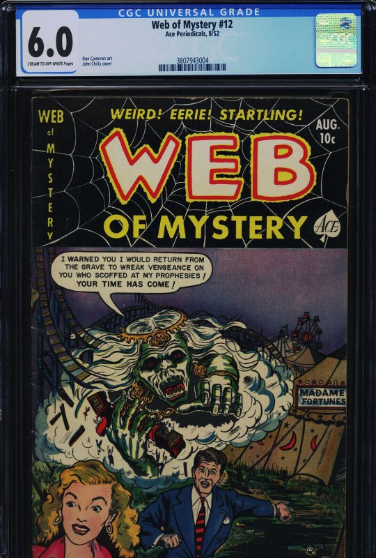 Web of Mystery #12 (1952), CGC 6.0 graded comic book, Universal Blue label — front cover in its holder