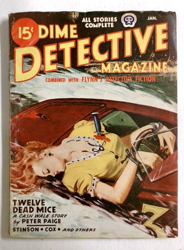 Dime Detective Jan 1946-Stripper with Hands Bound to Speedboat Wheel has Knif (Popular Publications, 1946), raw, ungraded comic book — front cover