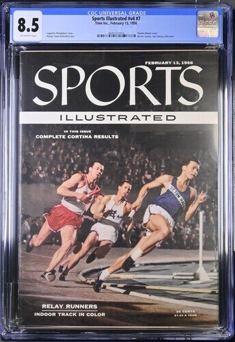 Sports Illustrated Feb #13 (1956), CGC 8.5 graded comic book, Universal Blue label — front cover in its holder