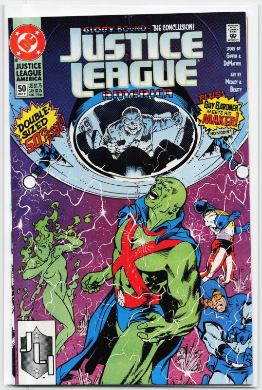 Justice League America #50 (DC Comics, 1991), raw, ungraded comic book — front cover