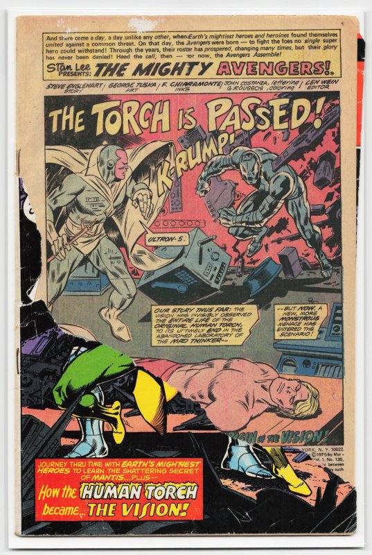 The Avengers #135 (Marvel Comics, 1975), raw, ungraded comic book — front cover