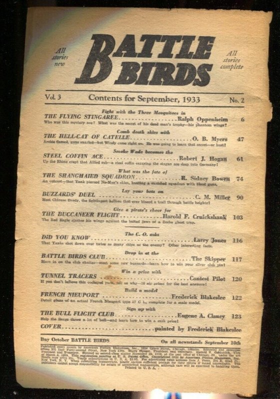 Pulp: Battle Birds Pulp 9/1933-Smoke Wade Appears in This Aviation/hero Pulp-P, raw, ungraded comic book — front cover