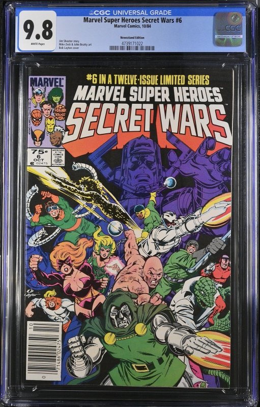 Marvel Super Heroes Secret Wars #6 (Marvel Comics, 1984), CGC 9.8 graded comic book, Universal Blue label — front cover in its holder