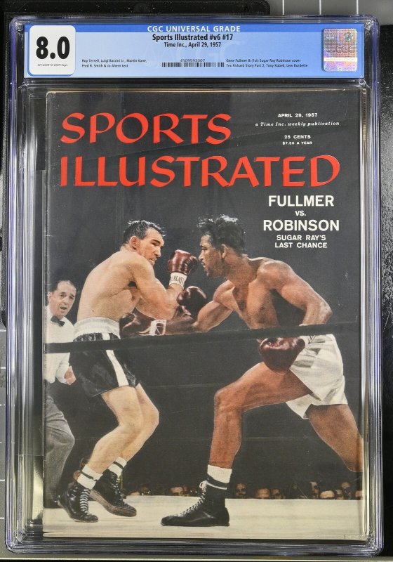 Sports Illustrated Apr #29 (1957), CGC 8.0 graded comic book, Universal Blue label — front cover in its holder