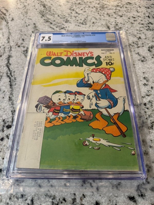 Walt Disney's Comics & Stories #74 (1946), CGC 7.5 graded comic book, Universal Blue label — front cover in its holder