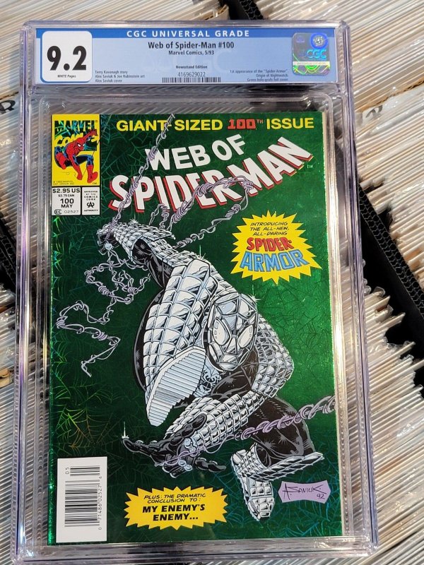 Web of Spider-Man #100 (Marvel Comics, 1993), CGC 9.2 graded comic book, Universal Blue label — front cover in its holder