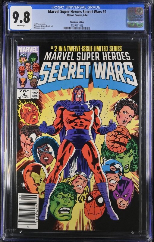 Marvel Super Heroes Secret Wars #2 (Marvel Comics, 1984), CGC 9.8 graded comic book, Universal Blue label — front cover in its holder