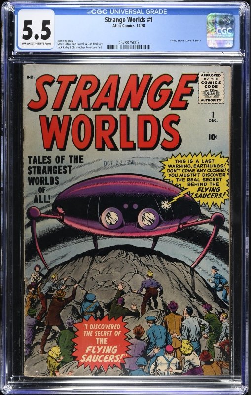 Strange Worlds #1 (Atlas Comics, 1958), CGC 5.5 graded comic book, Universal Blue label — front cover in its holder