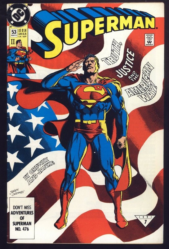 Superman #53-1991-classic Cover-dc-RARE Second Print! (DC Comics, 1991), raw, ungraded comic book — front cover