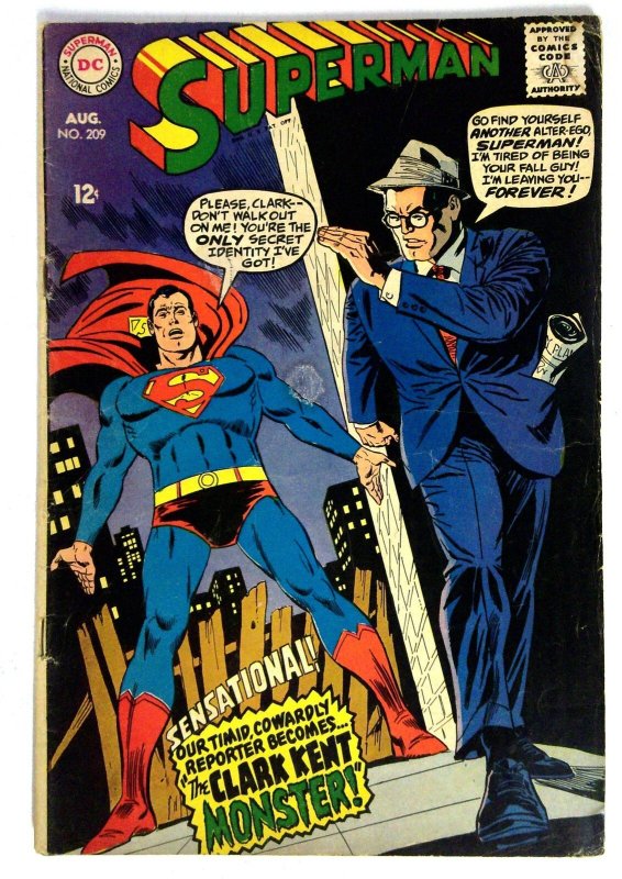 Superman #209 (DC Comics, 1968), raw comic book in VG condition — front cover