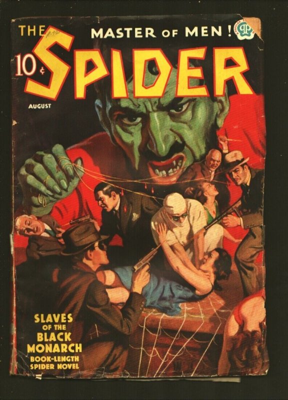 Spider 8/1937-Popular-"Slaves of the Black Monarch"-Spider Rescues Woman Cove... (Popular Publications, 1937), raw, ungraded comic book — front cover