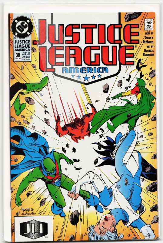 Justice League America #38 (DC Comics, 1990), raw, ungraded comic book — front cover