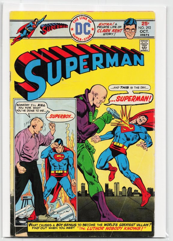 Superman #292 (DC Comics, 1975), raw, ungraded comic book — front cover