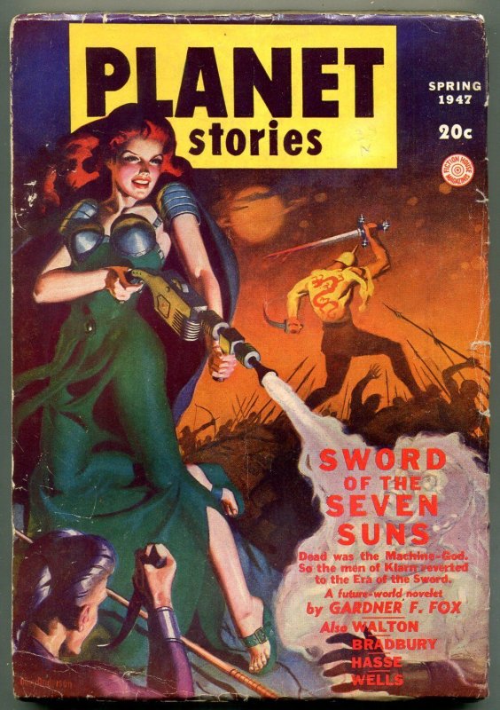 Pulp: Planet Stories Pulp Spring 1947- Spicy Cover- Bradbury- Sword of 7 Suns (1947), raw, ungraded comic book — front cover