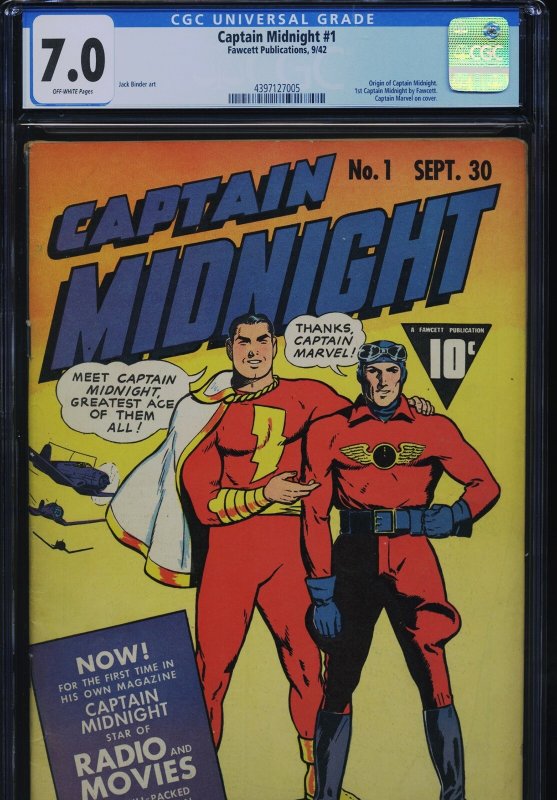 Captain Midnight #1 (Fawcett Publications), CGC 7.0 graded comic book, Universal Blue label — front cover in its holder