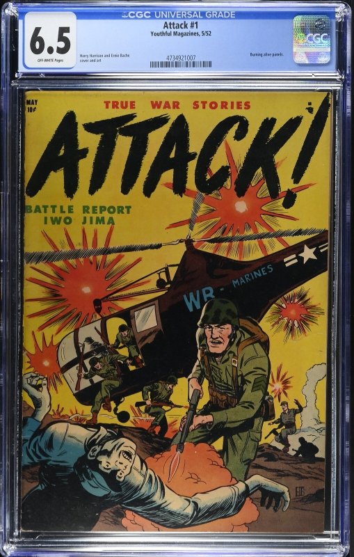 Attack #1 (1952), CGC 6.5 graded comic book, Universal Blue label — front cover in its holder