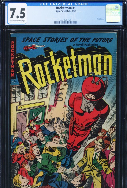 Rocketman #1, CGC 7.5 graded comic book, Universal Blue label — front cover in its holder